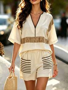 SHEIN Women's Vacation Colorblock Cutout V-Neck Short Sleeve Shirt And Striped Shorts Casual Tropical 2 Pieces Set Beach Beige Summer - Apricot - View 2