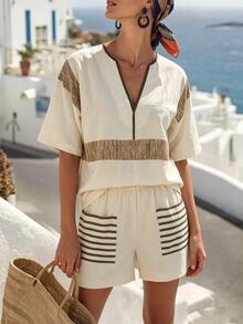 SHEIN Women's Vacation Colorblock Cutout V-Neck Short Sleeve Shirt And Striped Shorts Casual Tropical 2 Pieces Set Beach Beige Summer - Apricot - View 4