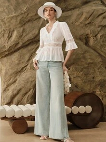 Islaluna Elegant Romantic Autumn White Faux Silk Lace Patchwork Blouse Shirt Date - White - View 5