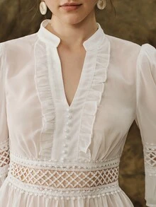 Islaluna Elegant Romantic Autumn White Faux Silk Lace Patchwork Blouse Shirt Date - White - View 4