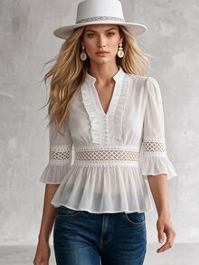 Islaluna Elegant Romantic Autumn White Faux Silk Lace Patchwork Blouse Shirt Date - White - View 1