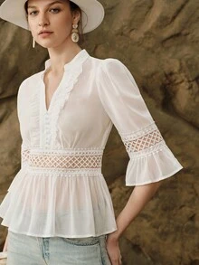 Islaluna Elegant Romantic Autumn White Faux Silk Lace Patchwork Blouse Shirt Date - White - View 6