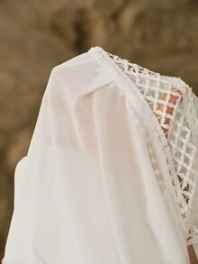 Islaluna Elegant Romantic Autumn White Faux Silk Lace Patchwork Blouse Shirt Date - White - View 10