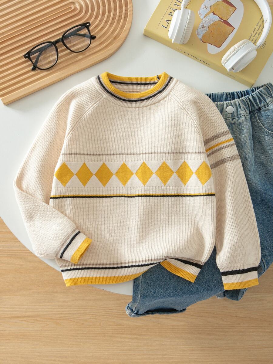 Young Boys Knitted Crew Neck Striped Casual Sweater Autumn Fall Pullover