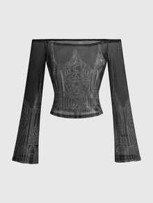 ROMWE Gothic Dark Mysterious Church Cross Black Tank Top Sexy Mesh Off-Shoulder Dark Fairy Tale Silver Foil Print Women - Black - View 10