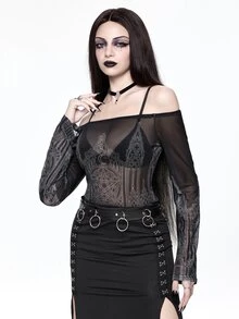 ROMWE Gothic Dark Mysterious Church Cross Black Tank Top Sexy Mesh Off-Shoulder Dark Fairy Tale Silver Foil Print Women - Black - View 4