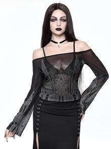 ROMWE Gothic Dark Mysterious Church Cross Black Tank Top Sexy Mesh Off-Shoulder Dark Fairy Tale Silver Foil Print Women - Black - View 8