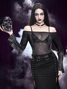 ROMWE Gothic Dark Mysterious Church Cross Black Tank Top Sexy Mesh Off-Shoulder Dark Fairy Tale Silver Foil Print Women - Black - View 1