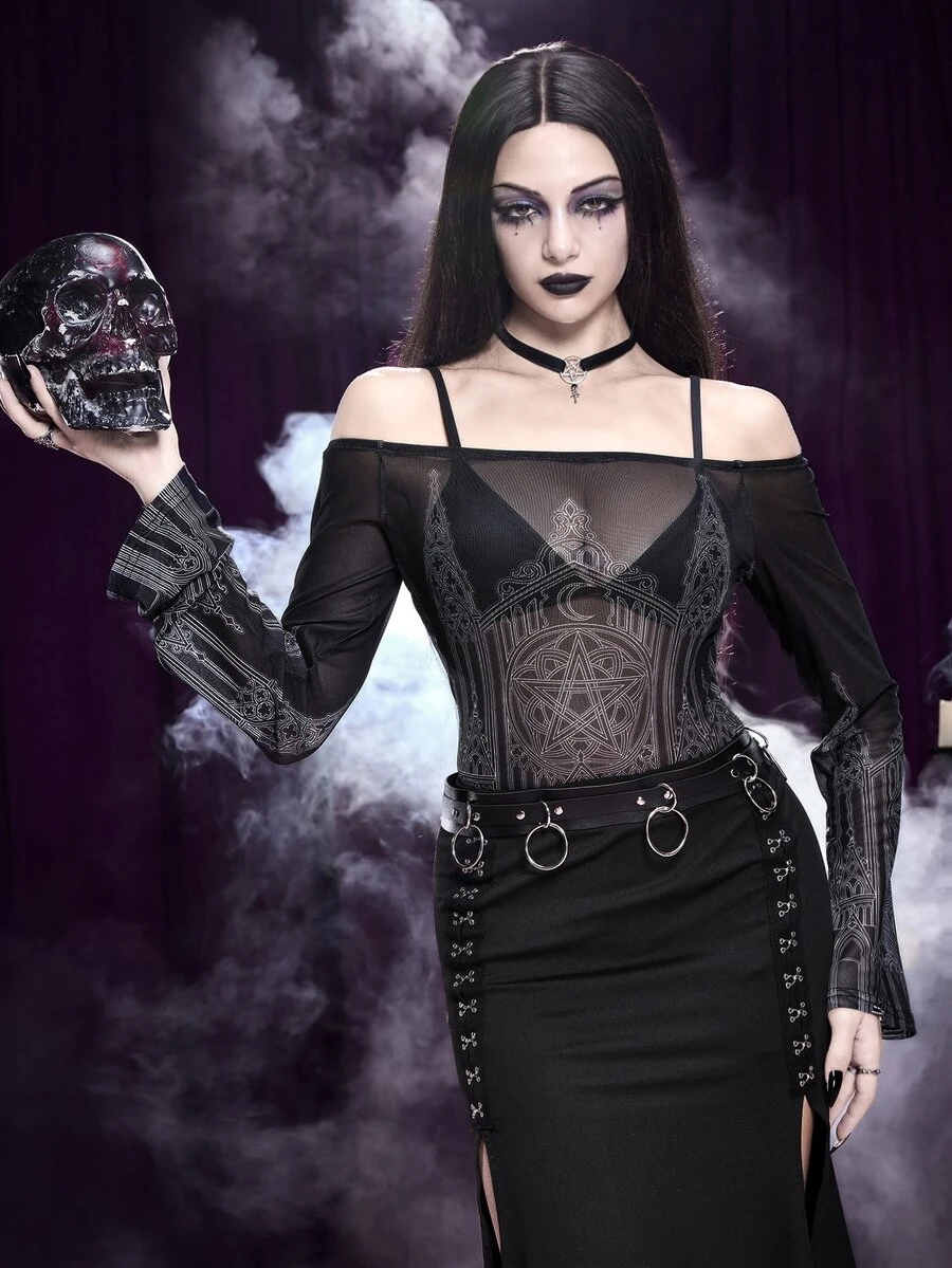 ROMWE Gothic Dark Mysterious Church Cross Black Tank Top Sexy Mesh Off-Shoulder Dark Fairy Tale Silver Foil Print Women - Black - View 1