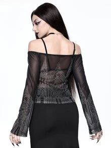 ROMWE Gothic Dark Mysterious Church Cross Black Tank Top Sexy Mesh Off-Shoulder Dark Fairy Tale Silver Foil Print Women - Black - View 7