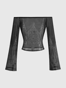 ROMWE Gothic Dark Mysterious Church Cross Black Tank Top Sexy Mesh Off-Shoulder Dark Fairy Tale Silver Foil Print Women - Black - View 11