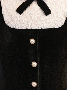 SHEIN Tween Girls Black White 2 In 1 Puff Dress, Velvet With Elastic Lace Short Dress, Back Zipper, Long Sleeves, Stand Collar, Christmas, Party, Cute Fall - Black - View 5