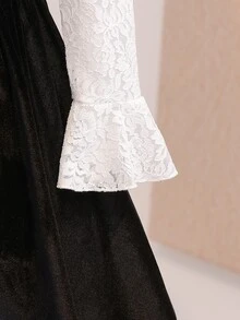 SHEIN Tween Girls Black White 2 In 1 Puff Dress, Velvet With Elastic Lace Short Dress, Back Zipper, Long Sleeves, Stand Collar, Christmas, Party, Cute Fall - Black - View 4