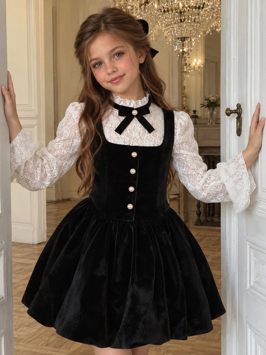 SHEIN Tween Girls Black White 2 In 1 Puff Dress, Velvet With Elastic Lace Short Dress, Back Zipper, Long Sleeves, Stand Collar, Christmas, Party, Cute Fall - Black - View 1
