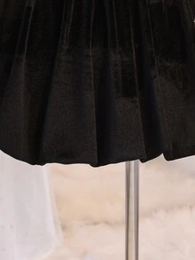 SHEIN Tween Girls Black White 2 In 1 Puff Dress, Velvet With Elastic Lace Short Dress, Back Zipper, Long Sleeves, Stand Collar, Christmas, Party, Cute Fall - Black - View 6