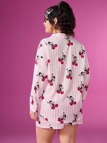 Betty Boop x SHEIN Plus Size Women's Casual Fashionable Street Style Plus Size Casual Striped Cherry & Cartoon Figure Graphic Long Sleeve Top And Shorts 2 Pieces Set Street Fashion Pink Striped Cherry Print Shirt And Shorts Oversized Shirt Sun Protection  Fall/Winter Clothings - Baby Pink - View 2