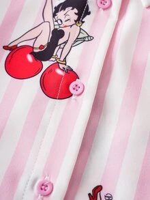 Betty Boop x SHEIN Plus Size Women's Casual Fashionable Street Style Plus Size Casual Striped Cherry & Cartoon Figure Graphic Long Sleeve Top And Shorts 2 Pieces Set Street Fashion Pink Striped Cherry Print Shirt And Shorts Oversized Shirt Sun Protection  Fall/Winter Clothings - Baby Pink - View 4