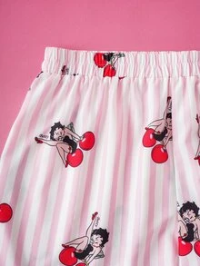 Betty Boop x SHEIN Plus Size Women's Casual Fashionable Street Style Plus Size Casual Striped Cherry & Cartoon Figure Graphic Long Sleeve Top And Shorts 2 Pieces Set Street Fashion Pink Striped Cherry Print Shirt And Shorts Oversized Shirt Sun Protection  Fall/Winter Clothings - Baby Pink - View 6