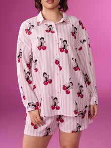 Betty Boop x SHEIN Plus Size Women's Casual Fashionable Street Style Plus Size Casual Striped Cherry & Cartoon Figure Graphic Long Sleeve Top And Shorts 2 Pieces Set Street Fashion Pink Striped Cherry Print Shirt And Shorts Oversized Shirt Sun Protection  Fall/Winter Clothings - Baby Pink - View 3