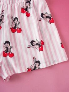 Betty Boop x SHEIN Plus Size Women's Casual Fashionable Street Style Plus Size Casual Striped Cherry & Cartoon Figure Graphic Long Sleeve Top And Shorts 2 Pieces Set Street Fashion Pink Striped Cherry Print Shirt And Shorts Oversized Shirt Sun Protection  Fall/Winter Clothings - Baby Pink - View 5