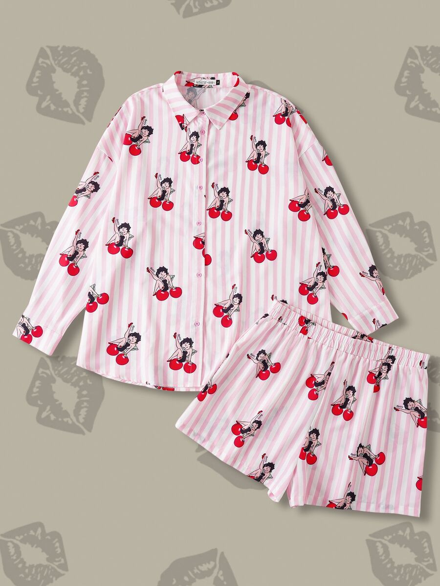 Betty Boop x SHEIN Plus Size Women's Casual Fashionable Street Style Plus Size Casual Striped Cherry & Cartoon Figure Graphic Long Sleeve Top And Shorts 2 Pieces Set Street Fashion Pink Striped Cherry Print Shirt And Shorts Oversized Shirt Sun Protection Fall/Winter Clothings - Baby Pink - View 1