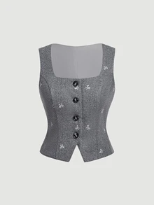 SHEIN MOD 蝴蝶結刺繡羊毛混紡鈕扣西裝背心，灰色日常校園秋季圖案學院風優雅法式復古辦公早午餐穿搭 - 灰色 - 查看 7