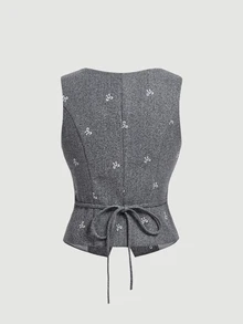 SHEIN MOD 蝴蝶結刺繡羊毛混紡鈕扣西裝背心，灰色日常校園秋季圖案學院風優雅法式復古辦公早午餐穿搭 - 灰色 - 查看 4