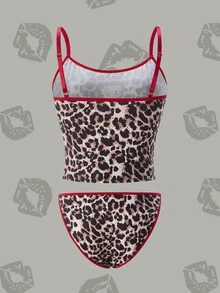 Betty Boop x SHEIN Women's Leopard Print Cartoon Figure Graphic Contrast Binding Longline Bra & G-String Set - Red - View 2