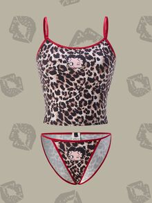 Betty Boop x SHEIN Women's Leopard Print Cartoon Figure Graphic Contrast Binding Longline Bra & G-String Set - Red - View 1