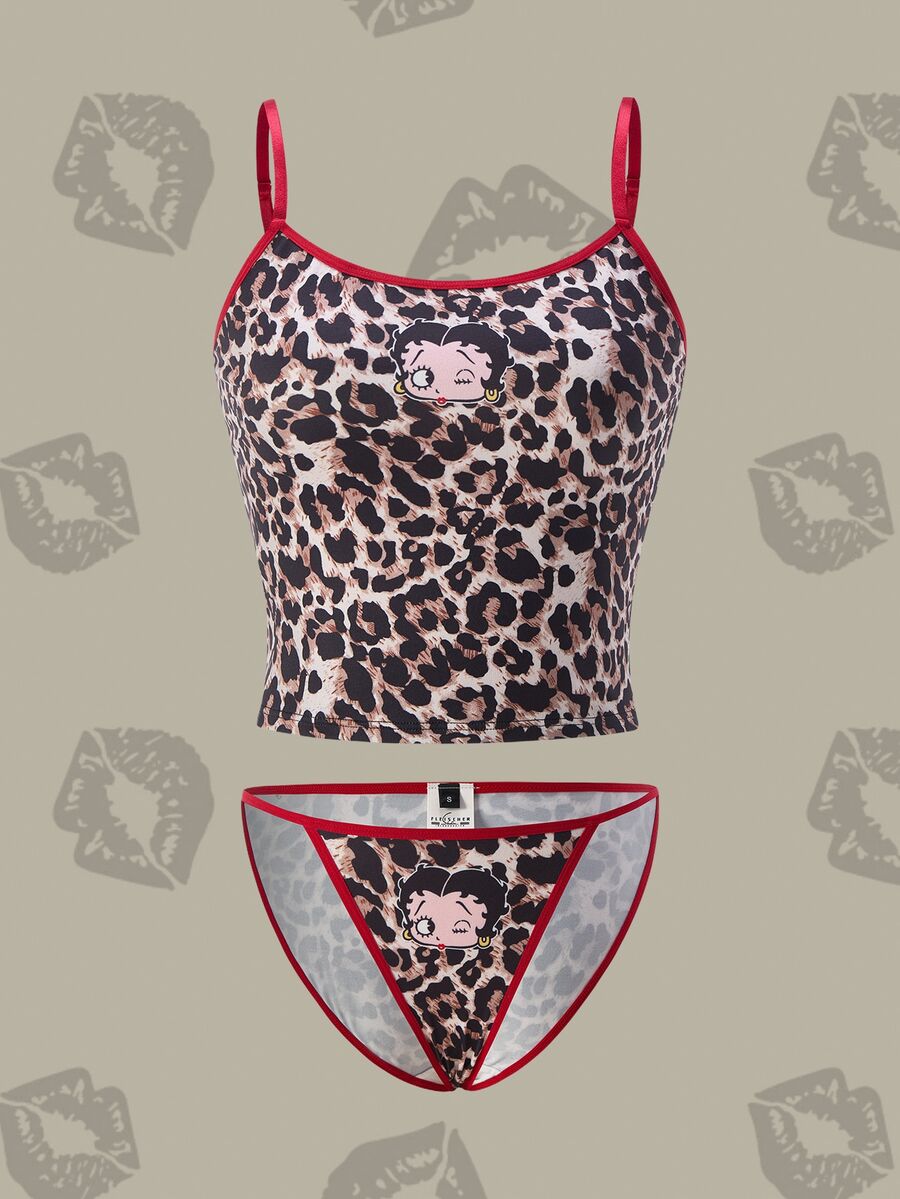 Betty Boop x SHEIN Women's Leopard Print Cartoon Figure Graphic Contrast Binding Longline Bra & G-String Set - Red - View 1