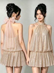 SHEIN 青少年女孩閃亮亮片掛脖洋裝，優雅亮片百褶迷你裙套裝派對穿搭 - 香檳色 - 查看 2