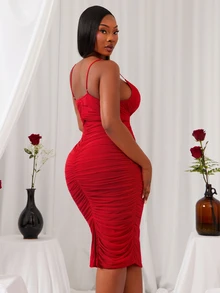 Radiana Elegant Plus Size Red Satin Wrap Pencil Midi Dress,Summer Country Party,Sleeveless Spaghetti Straps,Flattering Silhouette For Prom Cocktail Formal - Red - View 7