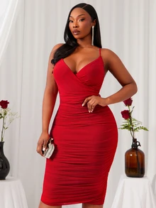 Radiana Elegant Plus Size Red Satin Wrap Pencil Midi Dress,Summer Country Party,Sleeveless Spaghetti Straps,Flattering Silhouette For Prom Cocktail Formal - Red - View 2