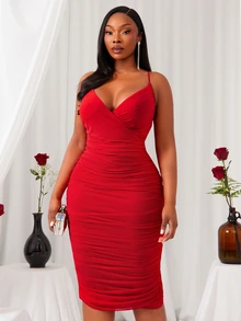 Radiana Elegant Plus Size Red Satin Wrap Pencil Midi Dress,Summer Country Party,Sleeveless Spaghetti Straps,Flattering Silhouette For Prom Cocktail Formal - Red - View 3