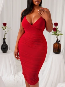 Radiana Elegant Plus Size Red Satin Wrap Pencil Midi Dress,Summer Country Party,Sleeveless Spaghetti Straps,Flattering Silhouette For Prom Cocktail Formal - Red - View 5
