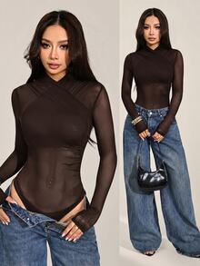 SHEIN PETITE 女款性感純色網紗包覆式連身衣，適合嬌小女性 - 棕色 - 查看 1