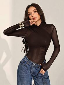SHEIN PETITE 女款性感純色網紗包覆式連身衣，適合嬌小女性 - 棕色 - 查看 10