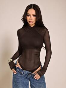 SHEIN PETITE 女款性感純色網紗包覆式連身衣，適合嬌小女性 - 棕色 - 查看 9