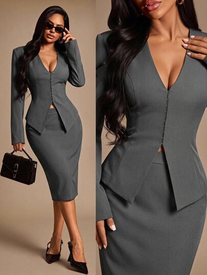 Radiana Women's Sexy Elegant Fashion Gray Suit Set, Gray V-Neck Button-Down Waist-Cinching Blazer + Gray Slim Fit Knee-Length Pencil Skirt 2-Piece Set, Slim Fit Suit Set, Elegant Women's Dress Set, Date Outfit, Work Outfit, Commute Outfit, Business Suit, Office Wear, Fashion Professional Attire, Formal Occasion Clothing
