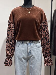 SHEIN LUNE 女款春秋基礎休閒豹紋拼接天鵝絨紋理美式復古辣妹風圓領寬鬆荷葉邊長袖衛衣 - 彩色 - 查看 6
