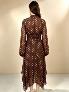 SHEIN 青少年女孩棕色波點長袖收腰洋裝，雪紡燈籠袖，優雅可愛風格，適合秋季萬聖節聖誕舞會 - 棕色 - 查看 3