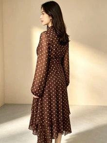 SHEIN 青少年女孩棕色波點長袖收腰洋裝，雪紡燈籠袖，優雅可愛風格，適合秋季萬聖節聖誕舞會 - 棕色 - 查看 5