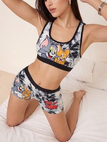 TOM & JERRY X SHEIN 女士趣味卡通扎染印花饰边文胸和宽松内裤套装 - 黑色 - 查看 3