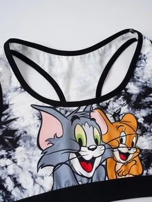 TOM & JERRY X SHEIN 女士趣味卡通扎染印花饰边文胸和宽松内裤套装 - 黑色 - 查看 6