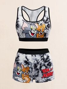 TOM & JERRY X SHEIN 女士趣味卡通扎染印花饰边文胸和宽松内裤套装 - 黑色 - 查看 4