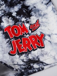 TOM & JERRY X SHEIN 女士趣味卡通扎染印花饰边文胸和宽松内裤套装 - 黑色 - 查看 7