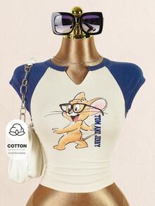 TOM & JERRY X SHEIN Women's Letter & Cartoon Print Notch Neck Casual Short Sleeve T-Shirt - Apricot - View 4
