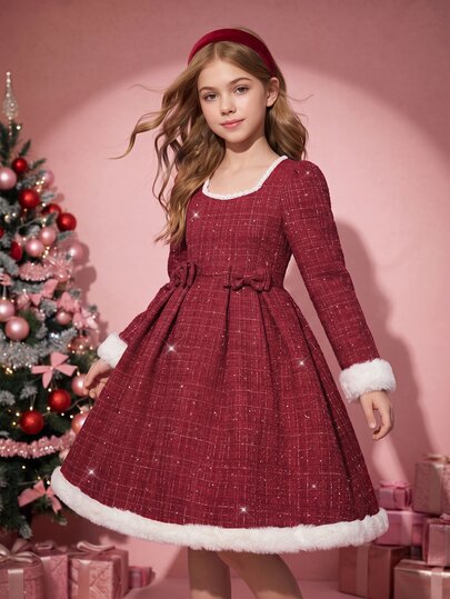 Tween Girl Autumn/Winter Burgundy Sequin Knit Long Sleeve Dress With Lace Trim, White Faux Fur Cuffs And Hem, Warm Thickened Style, Back Zipper, For Back To School, Party, Holiday, Christmas, New Year, Graduation, Birthday, Prom