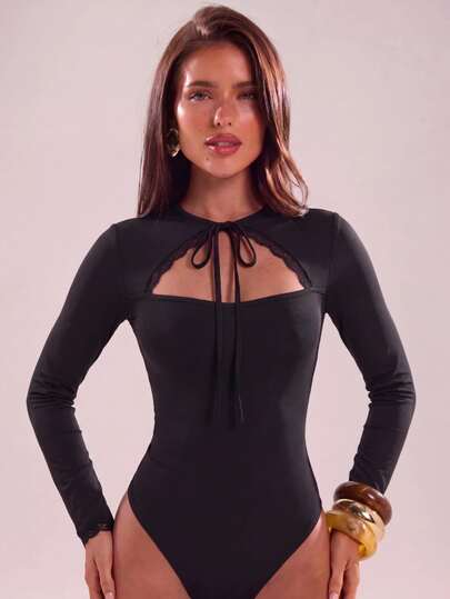 Glamine Women's Autumn/Winter Round Neck Cut-Out Lace Patchwork Tie-Front Fitted Long Sleeve Cinched Waist Elastic Knit Cuff Lace Bodysuit