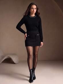 Anewsta Spring Autumn Winter Knitted Sweater With Beaded Embellishments, Crew Neck Pullover, Designer Style, Commuter Chic, Elegant And Sophisticated - Black - View 1